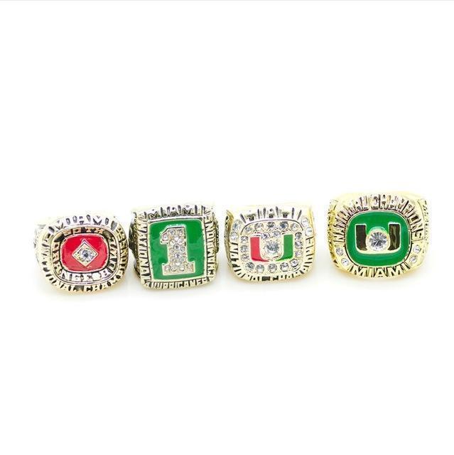 Miami (Fla.) Hurricanes College Football National Championship 4 Ring Set (1983, 1989, 1991, 2001) - Rings For Champs, NFL rings, MLB rings, NBA rings, NHL rings, NCAA rings, Super bowl ring, Superbowl ring, Super bowl rings, Superbowl rings, Dallas Cowboys